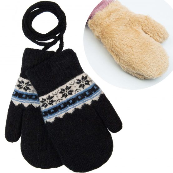 ocieplane czarne rękawiczki dla dziewczynki dla chłopca na sznurku bardzo ciepłe z futerkiem w środku jednopalczaste śnieżynki dla przedszkolaków grube na zimę zimowe ciuchciuch