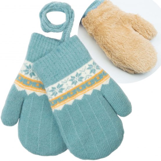 ocieplane niebieskie rękawiczki dla dziewczynki dla chłopca na sznurku bardzo ciepłe z futerkiem w środku jednopalczaste śnieżynki dla przedszkolaków grube na zimę zimowe ciuchciuch