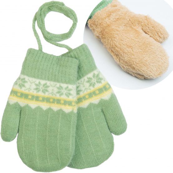 ocieplane zielone rękawiczki dla dziewczynki dla chłopca na sznurku bardzo ciepłe z futerkiem w środku jednopalczaste śnieżynki dla przedszkolaków grube na zimę zimowe ciuchciuch