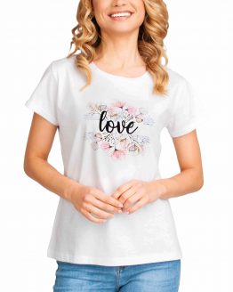 biała koszulka z printem nadrukiem love damska bawełniana krótki rękaw
