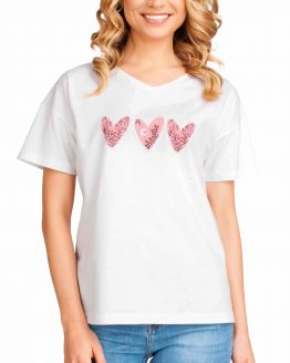 biała koszulka bawełniana w serek trzy serca nadruk krótki rękaw