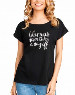czarny t-shirt damski koszulka dla kobiety czarna okrągły dekolt i srebrny napis Glamour