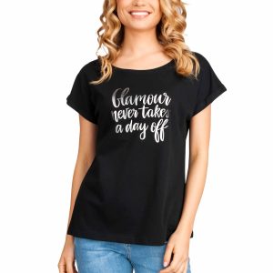 czarny t-shirt damski koszulka dla kobiety czarna okrągły dekolt i srebrny napis Glamour