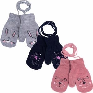 3pak czarne szare pudrowy róż rękawiczki na sznurku dla niemowlaka i małej dzieczynki na zimę zimowe kotek króliczek miś