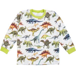 biała bluzka dla chłopca dziecięca w dinozaury kolorowe z limonkowymi dodakami bawełniana miękka długi rękaw mrofi ciuchciuch