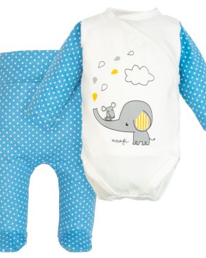 komplet niemowlęcy dla chłopca wyprawka do szpitala dla noworodka body bawełniane rozpinane kopertowo białe z nadrukiem słonik i niebieskie półspiochy
