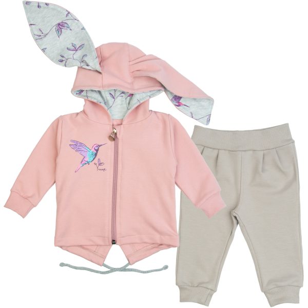 dres komplet niemowlęcy koliberek z uszami królik bluza z kapturem rozszerzana wiązana różowa gładkie spodenki dresowe dla dziewczynki niemowlaka