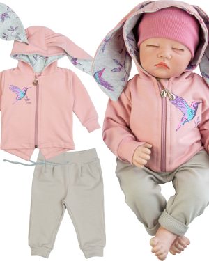 dres komplet niemowlęcy koliberek z uszami królik bluza z kapturem rozszerzana wiązana różowa gładkie spodenki dresowe dla dziewczynki niemowlaka