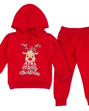 czerwony dziecięcy dres świąteczny z reniferem bluza z kapturem i nadrukiem i spodnie dresowe z kieszeniami czerwone gładkie ciuchciuch mrofi