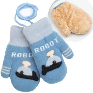 niebieskie rękawiczki jednopalczaste z wielorybkiem robot na sznurku bardzo ciepłe z futerkiem w środku dla przedszkolaków grube na zimę zimowe ciuchciuch