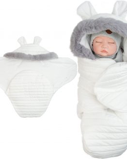 śpiworek otulacz wodoodporny jesień zima biały pikowany dla noworodka na wyjście ze szpitala z kapturem z uszami i futerkiem ocieplany