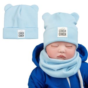 błękitna czapka czapeczka niemowlęca DLA NOWORODKA dziecięca z uszami w prążek wywinięta z naszywką wiosna jesień przejściowa