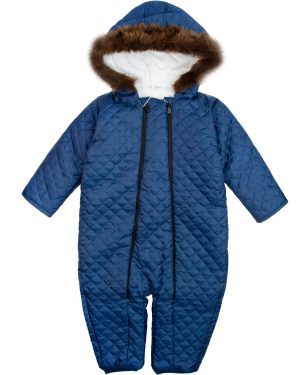 granatowy kombinezon zimowy bez stóp dla małej dziewczynki niemowlęcy z kapturem ocieplany z futerkiem na dwa zamki zimowy