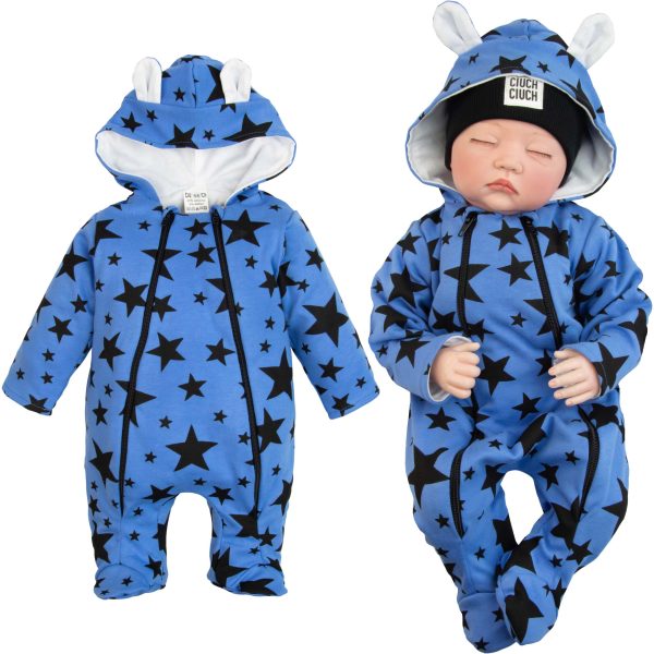 KOMBINEZON niemowlęcy wyprawka dla niemowlaka noworodka niebieski w czarne gwiazdy dla chłopca bawełniany pajacyk na spacer wiosna jesień ciuchciuch