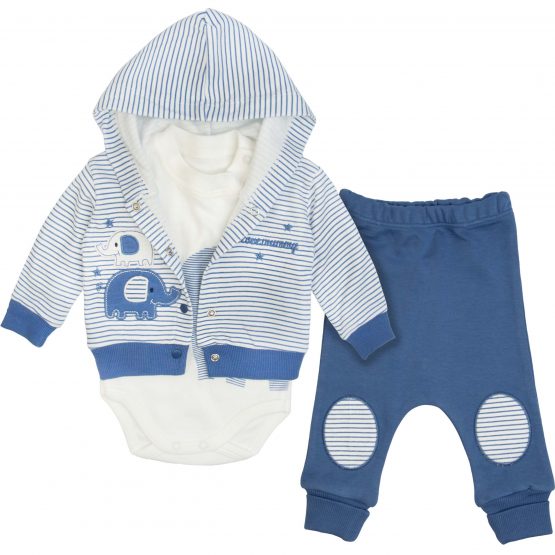 niebiesko-biały komplet dla noworodka wyprawka bluza spodenki i body długi rękaw ze słonikiem niebieski