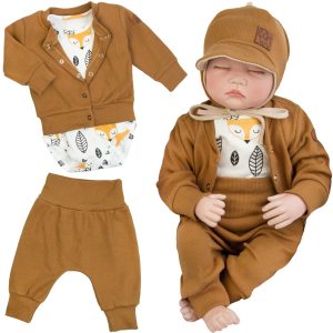 komplet niemowlęcy wyprawka dla noworodka brązowy dresik bluza i spodnie prążek i body dlugi rękaw w liski