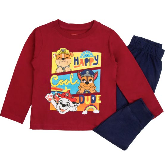 czerwono-granatowa piżama dziecięca bawełniana z bajki psi patrol z nadrukiem piesków miękka przytulna bluzka długi rękaw i długie spodnie ze sciągaczami