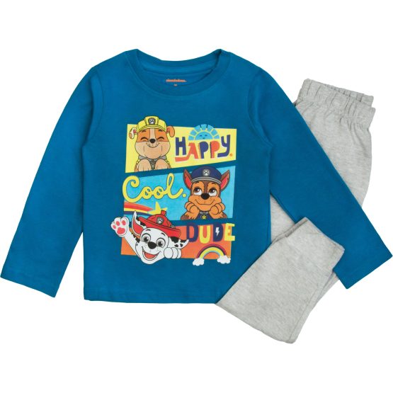 niebiesko-szara piżama dziecięca bawełniana z bajki psi patrol z nadrukiem piesków miękka przytulna bluzka długi rękaw i długie spodnie ze sciągaczami