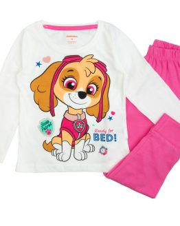 biało-różowa piżama bawełniana Psi Patrol z nadrukiem Skye bluzka długi rękaw w spodenki bawełniane ze ściągaczami wygodna i przytulna piżamka dziecięca z bajki ciuchciuch
