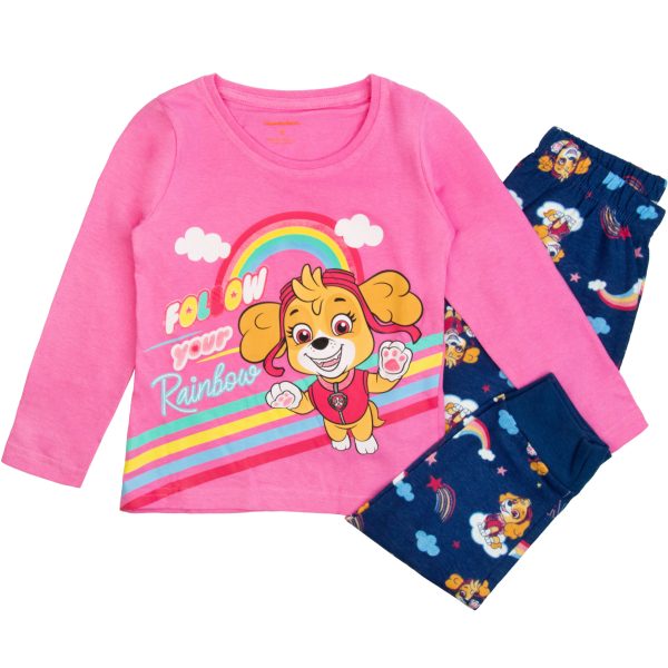 granatowo-różowa piżama bawełniana Psi Patrol z nadrukiem Skye bluzka długi rękaw w spodenki bawełniane ze ściągaczami wygodna i przytulna piżamka dziecięca z bajki ciuchciuch