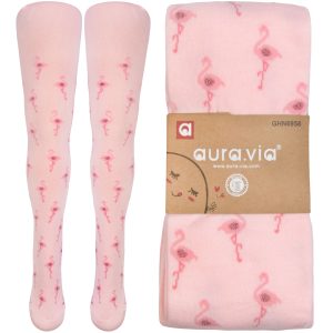 jasnoróżowe rajstopy dziecięce bawełniane w jasnoróżowe flamingi dla dziewczynki auravia ciuchciuch