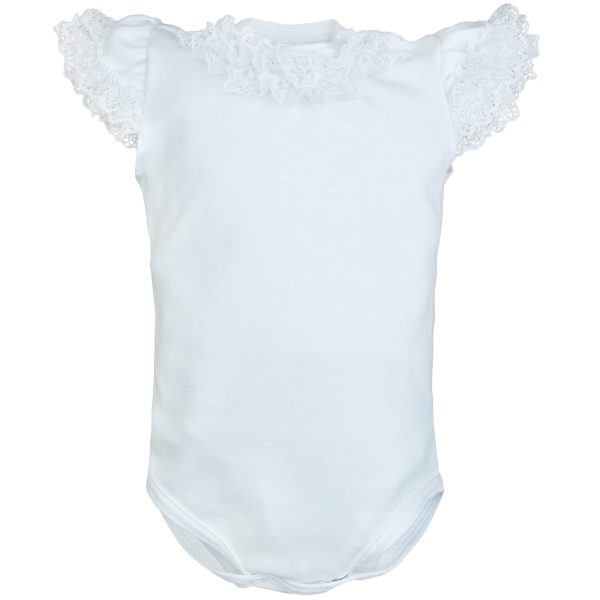 białe body z koronkowymi falbankami krótki rękaw z kołnierzykiem do sukienki i spódniczki do Chrztu i eleganckich stylizacji wizytowe niemowlęce