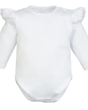 wizytowe eleganckie body długi rękaw z koronkowymi falbankami na ramionach dla dziewczynki noworodka i niemowlaka do Chrztu ciuchciuch