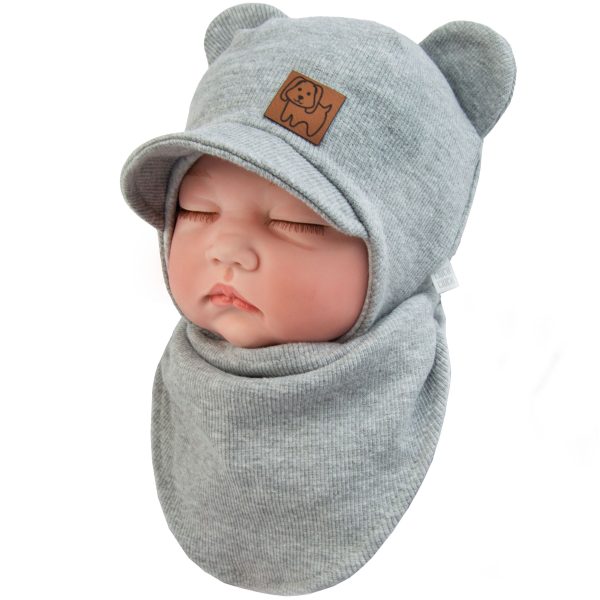 szara czapka niemowlęca z uszami zakrywająca uszy wiązana pod szyją bawełniana przejściowa wiosna jesień prążek z chustką apaszką pod szyję