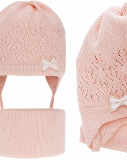 jasnoróżowa czapka wiązana dla noworodka i niemowlaka z kokardką i komin sweterkowy Chrzest dla dziewczynki na wiosnę jesień komplet niemowlęcy dziewczynka ciuchciuch