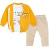 komplet niemowlęcy trzyczęściowy dla chłopca FOREST żółta bluza bomberka na zamek biała bluzka ze zwierzątkami długi rękaw i beżowe spodenki dresowe