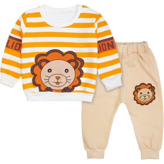 KOMPLET niemowlęcy LION dla chłopca dres bluza w pomarańczowe paski z nadrukiem wesołęgo lwa i beżowe spodenki dresowe z nadrukiem wygodny bawełniany zestaw ubranko na prezent dla chłopca
