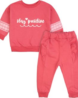 koralowy dres komplet dla dziewczynki bluza stay positive ze wstawkami z koronki i spodnie dresowe z falbankami dziewczęce zestaw na prezent