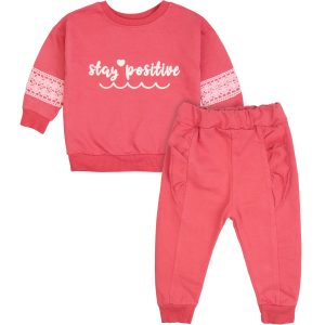 koralowy dres komplet dla dziewczynki bluza stay positive ze wstawkami z koronki i spodnie dresowe z falbankami dziewczęce zestaw na prezent
