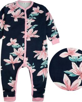 granatowy w duże różowe kwiaty rampers piżamka jednoczęściowa onesie piżama rozpinana dla dziewczynki bawełniana ciuchciuch