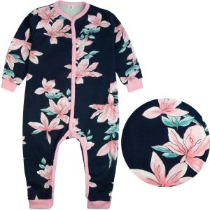 granatowy w duże różowe kwiaty rampers piżamka jednoczęściowa onesie piżama rozpinana dla dziewczynki bawełniana ciuchciuch