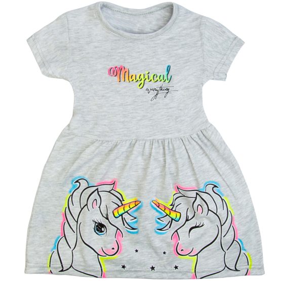 letnia sukienka bawełniana dla dziewczynki w jednorożce unicorn szara krótki rękaw