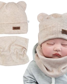 beżowy komplet niemowlęcy wiosna jesień przejściowa czapka z uszami i komin lekki ciemni dla noworodka i niemowlaka wyprawka