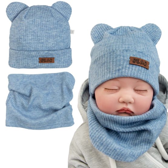 niebieski komplet niemowlęcy wiosna jesień przejściowa czapka z uszami i komin lekki ciemni dla noworodka i niemowlaka wyprawka