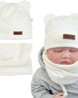 śmietankowy ecru komplet niemowlęcy wiosna jesień przejściowa czapka z uszami i komin lekki ciemni dla noworodka i niemowlaka wyprawka
