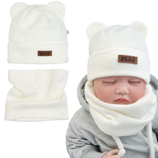 śmietankowy ecru komplet niemowlęcy wiosna jesień przejściowa czapka z uszami i komin lekki ciemni dla noworodka i niemowlaka wyprawka