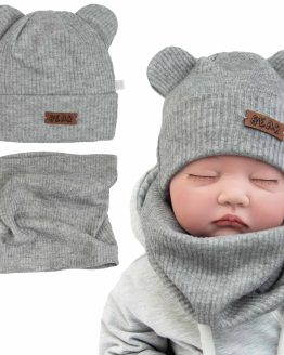szary komplet niemowlęcy wiosna jesień przejściowa czapka z uszami i komin lekki ciemni dla noworodka i niemowlaka wyprawka
