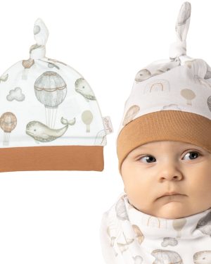 czapeczka czapka niemowlęca bawełniana po kąpieli miękka z supełkiem polska bawełna kolekcja MIKI NICOL CiuchCiuch biało-beżowa