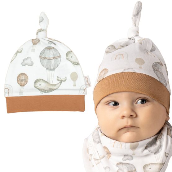 czapeczka czapka niemowlęca bawełniana po kąpieli miękka z supełkiem polska bawełna kolekcja MIKI NICOL CiuchCiuch biało-beżowa