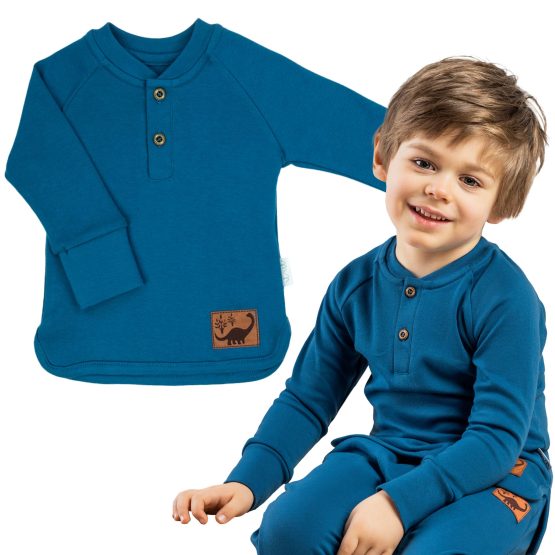 bluzka bawełniana z długim rękawem morska niebieska z guziczkami pod szyją wysokiej jakości top dla chłopca gładka długi rękaw wizytowa IWO NICO CiuchCiuch