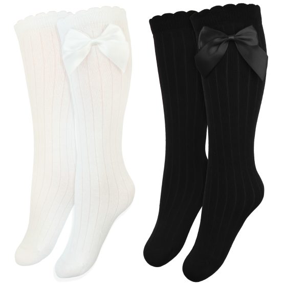 dwupak podkolanówki bawełniane z kokardami dla dziewczynki białe i czarne do spódniczki i sukienki CiuchCiuch