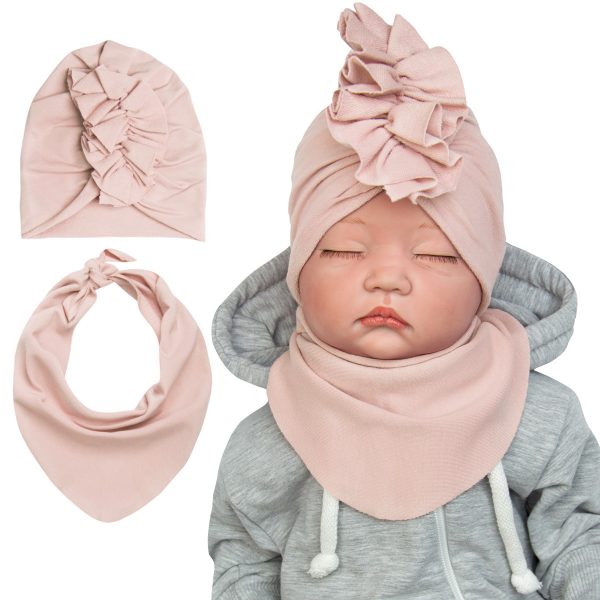 komplet dresowy dla dziewczynki turban i apaszka niemowlęca w kolorze jasny pudrowy róż