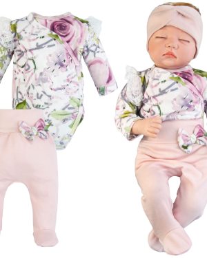 różowo-fioletowy komplet niemowlęcy wyprawka dla noworodka dziewczynki do szpitala z bawełny półśpiochy pudrowy róż z kokardą w kwiaty i body kopertowe z koronką rozpinane na całej długości prezent CiuchCiuch