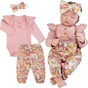 Komplet niemowlęcy 3cz. PRĄŻEK pudrowe kwiaty dla dziewczynki różowy elegancki kwiaty opaska body spodnie