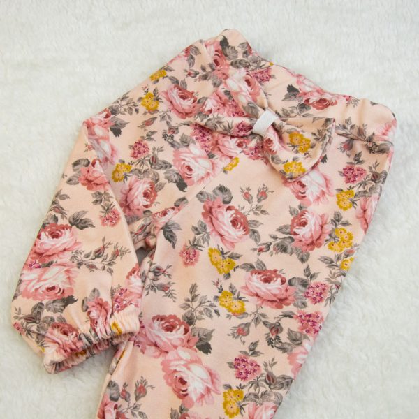 Komplet niemowlęcy 3cz. PRĄŻEK pudrowe kwiaty dla dziewczynki różowy elegancki kwiaty opaska body spodnie