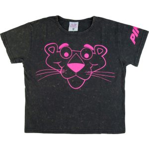 ciemnoszry top koszulka t-shirt dziewczęcy przecierany dekatyzowany różowa pantera z filmu CiuchCiuch